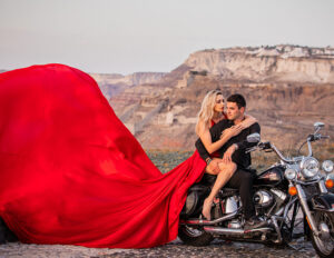 Harley Davidson flying dress photoshoot